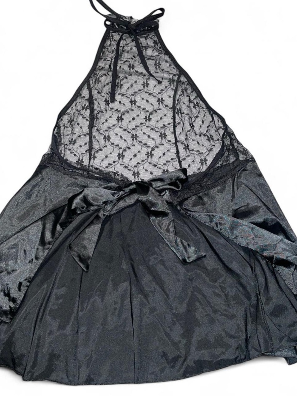 Black Lace Halter Babydoll with Satin Bow